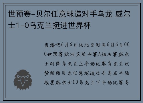 世预赛-贝尔任意球造对手乌龙 威尔士1-0乌克兰挺进世界杯
