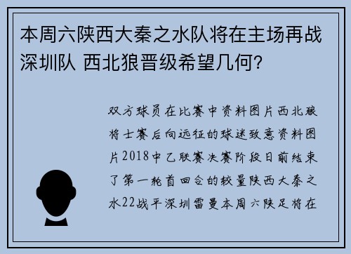 本周六陕西大秦之水队将在主场再战深圳队 西北狼晋级希望几何？